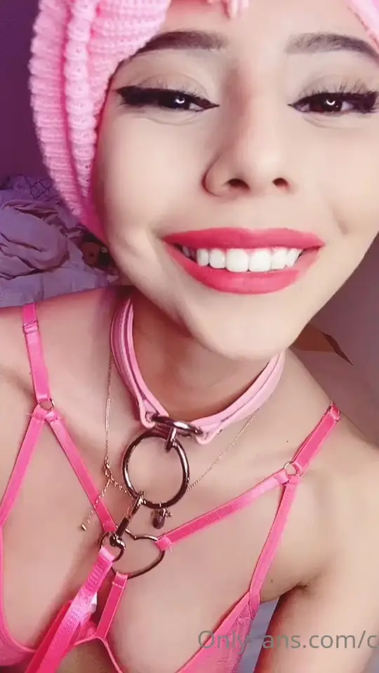 Pink beanie lingerie collar bedroom tease
